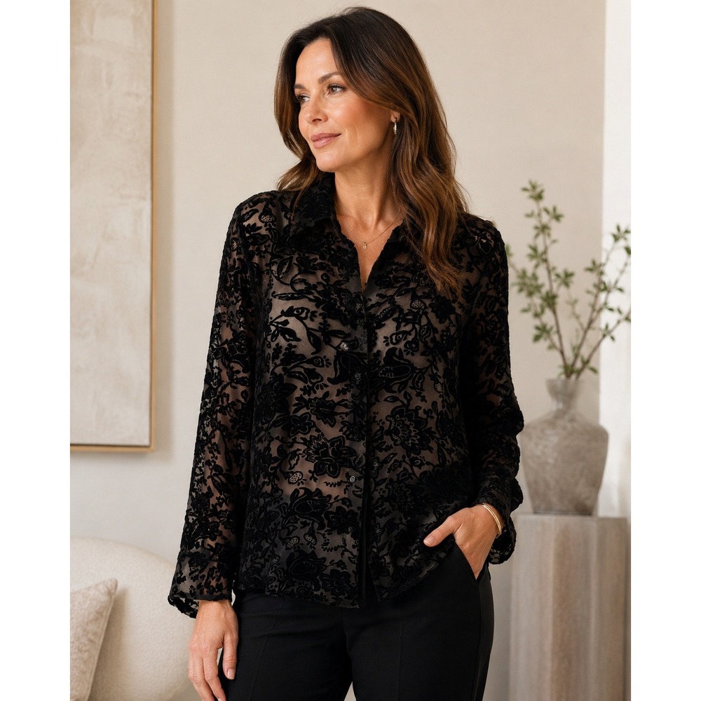 L'AGENCE Black Burnout Velvet Floral Silk Blend Sheer Blouse Button Down Size M